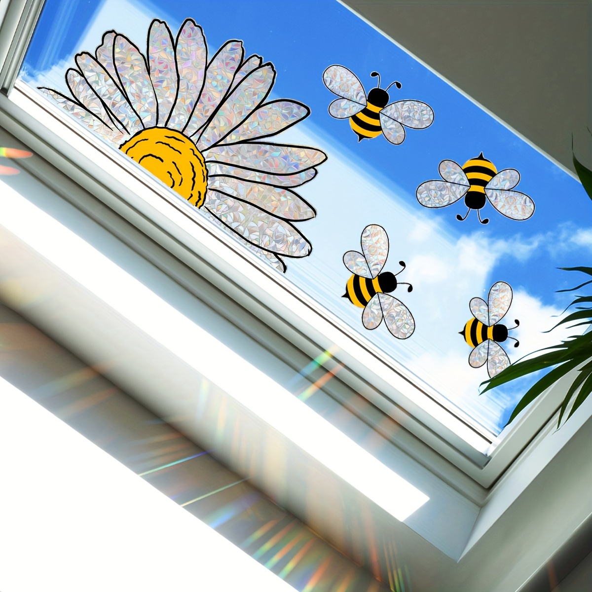

1pc Colorful Bee Flower Glass Window Stickers, Electrostatic Sunlight Window Stickers, Wall Stickers, Colorful Electrostatic Pvc Sticker For Living Room Home Decor