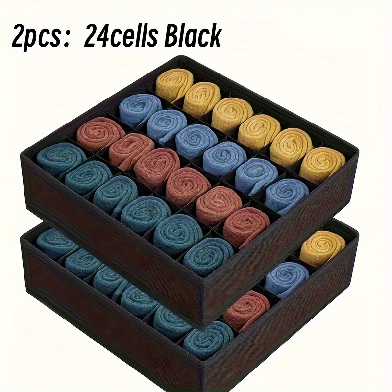 2-Pack Foldable Sock and Underwear Organizer with 24 Compartments, Multi-Functional Storage Boxes for Socks, Bras, Ties - Breathable Fabric and Durable Zipper for Bedroom, Closet, Drawer, Shelf Use