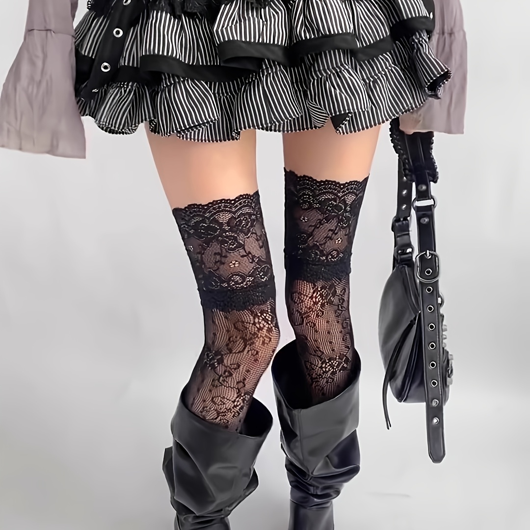 TEMU 1 Pair Retro Floral Lace Fishnet Over-the-knee Socks - Matching Boots, Skirts, Jeans For Women