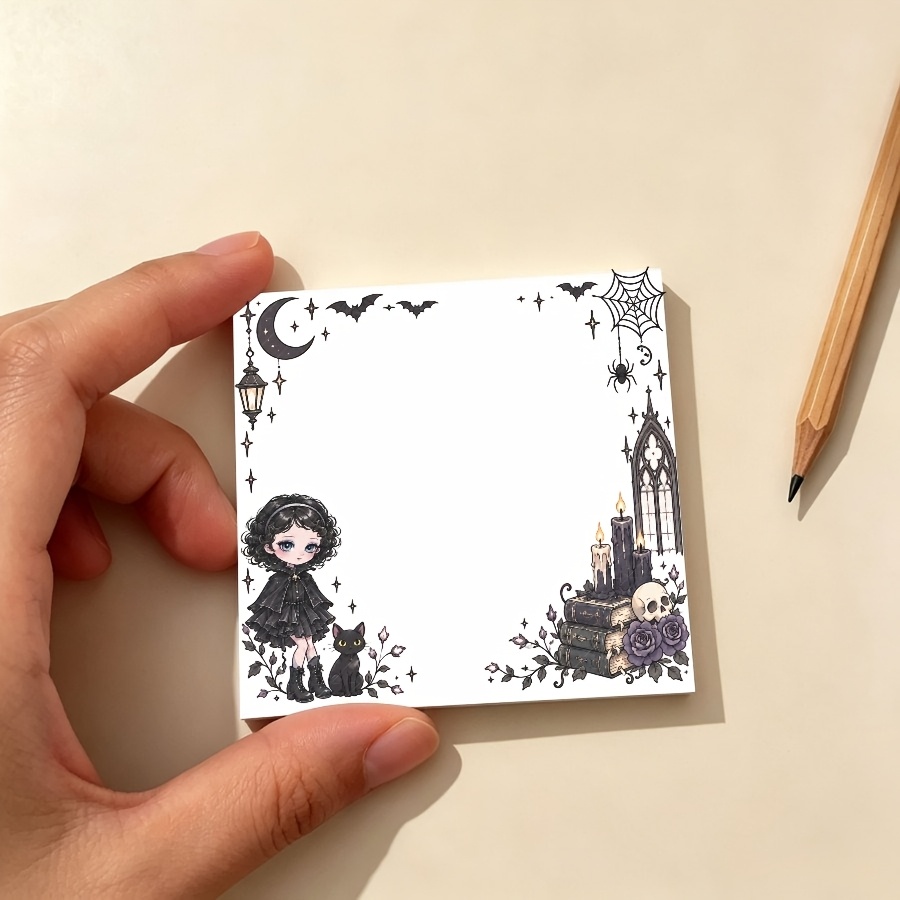 TEMU Gothic Girl Memo Pad, Black Cat, Moon, Bats, Web, Candles & Purple Roses Design, To-do List, Daily Planner And Journaling