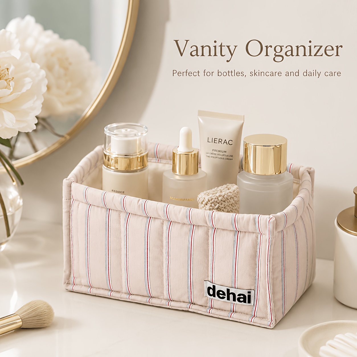 TEMU Fabric Storage Basket, Rectangular Open Striped Storage Container For Bathroom, Vanity, Kitchen Countertops, And Daily Essentials, 3 Colors,