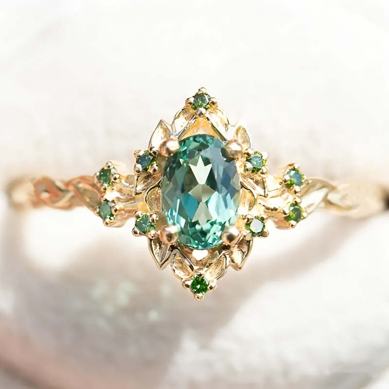 E-shop 18K vergoldeneter, eleganter und luxuriöser grüner synthetischer Cubic Zirconia Kupfer-Verlobungsring, geeignet für den täglichen Gebrauch,