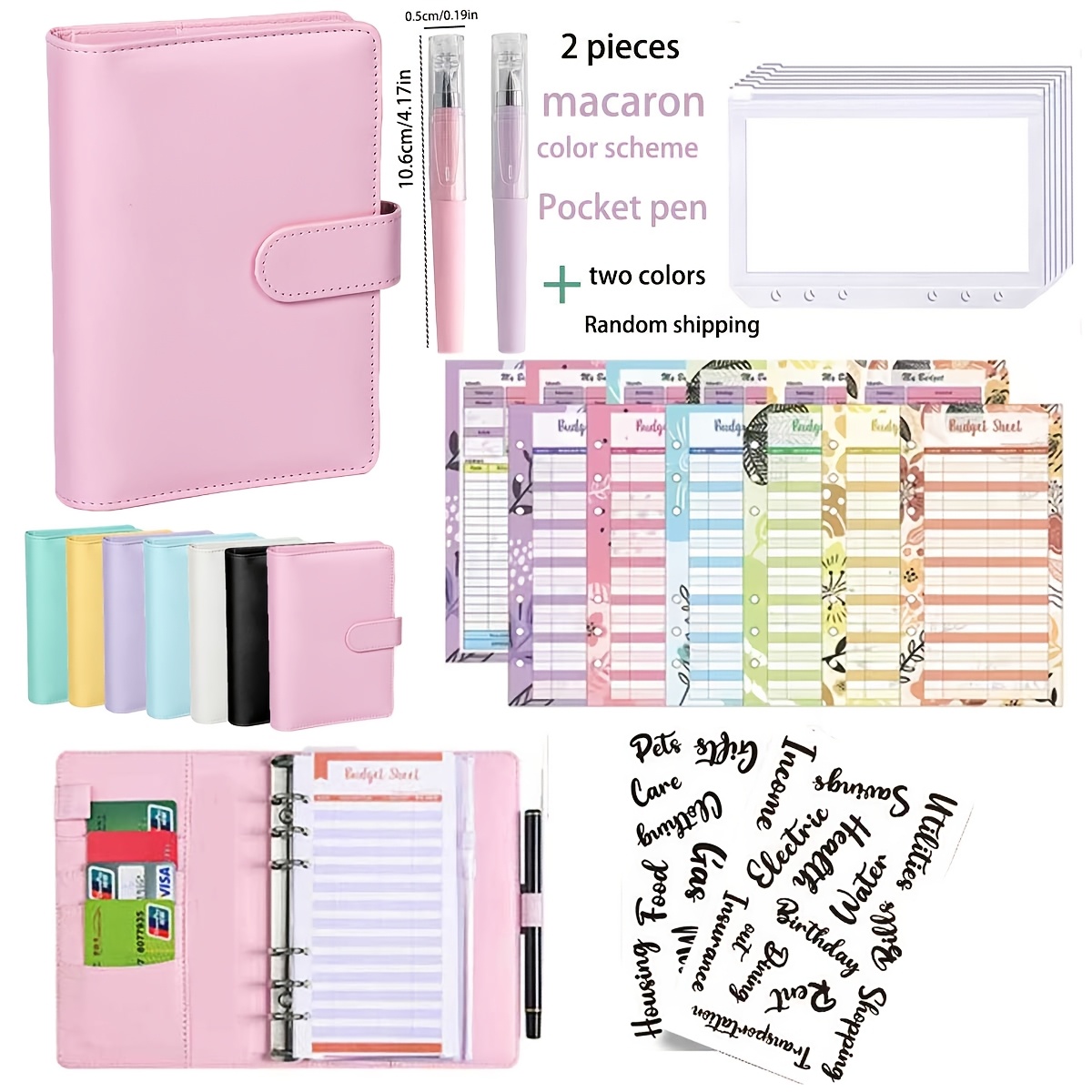 TEMU Set de billetera tipo cuaderno de cuentas para mujer [1 de archivador tarjetas de presupuesto y 6 bolsas para recetas y 2 bolígrafos macaron y 2