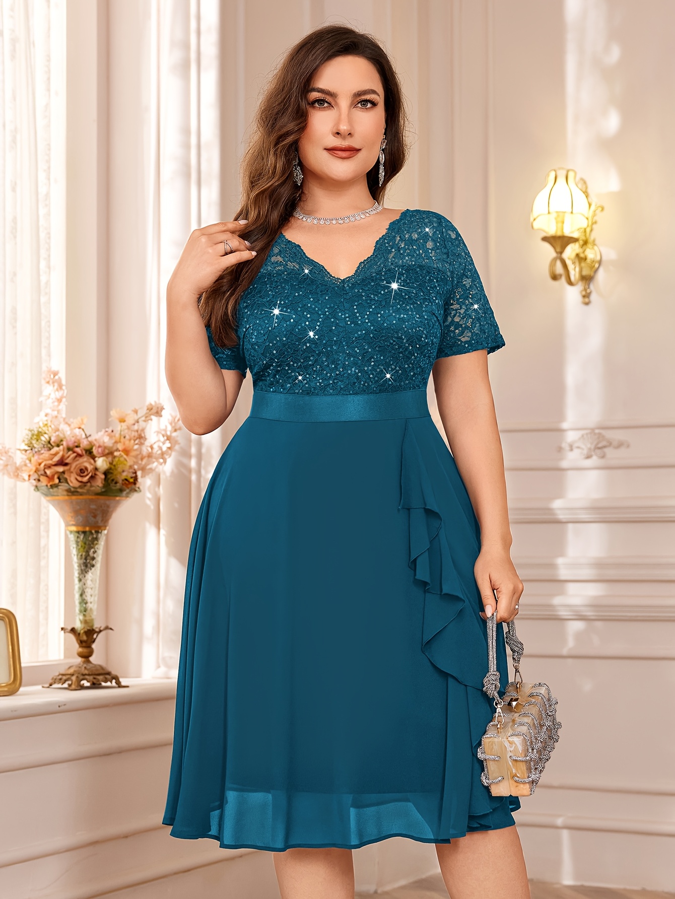 plus size womens elegant sparkling lace v neck chiffon party