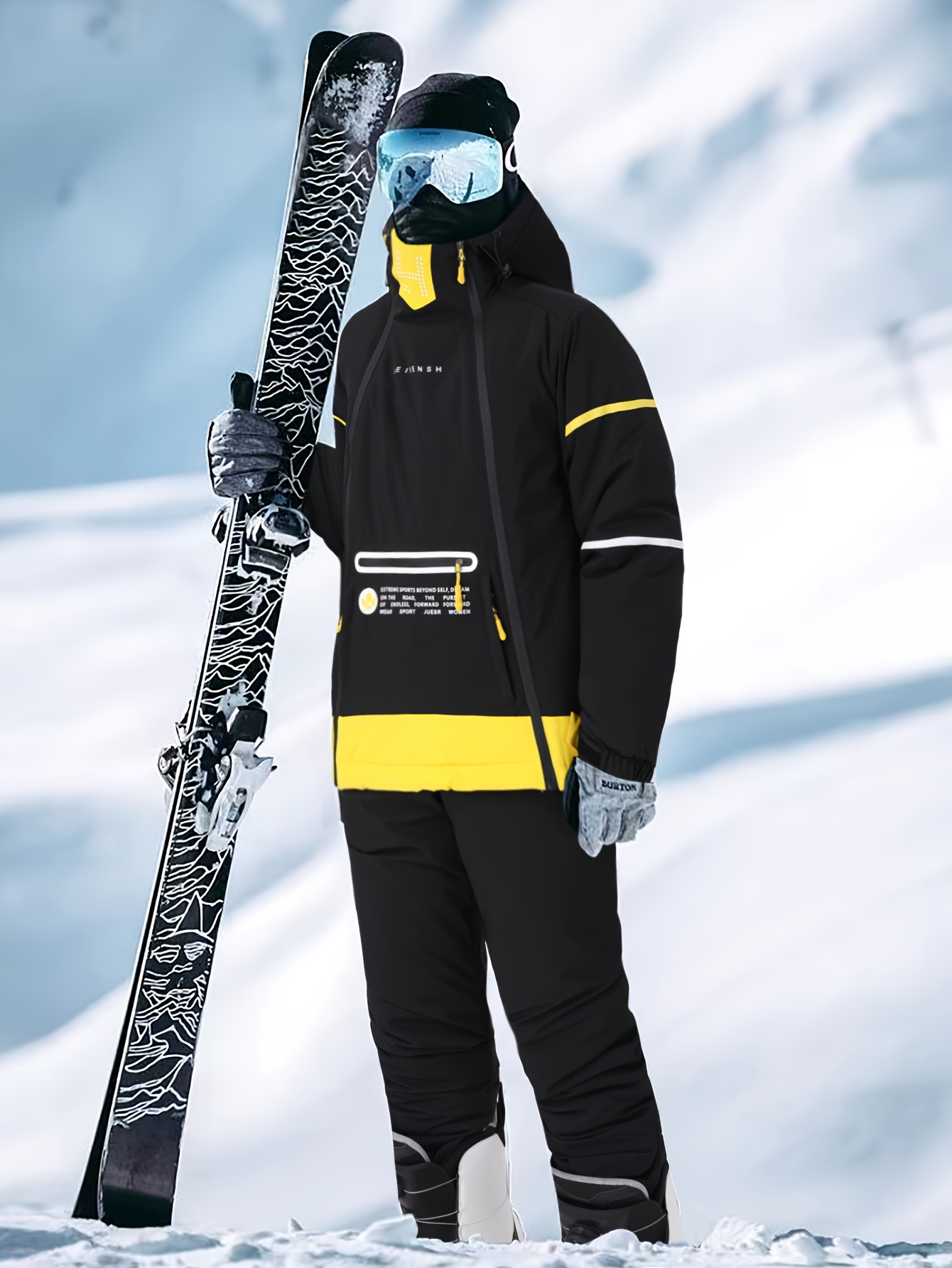 Yytcsjz Men's Plus Size Adult Ski Suits Set, Men Winter Warm Waterproof Windproof Hooded Jacket And Pants With Belt Set, Warm Ski Snow Jacket Suit, For Work Outdoor Ski, Fishing Riding(Black,L