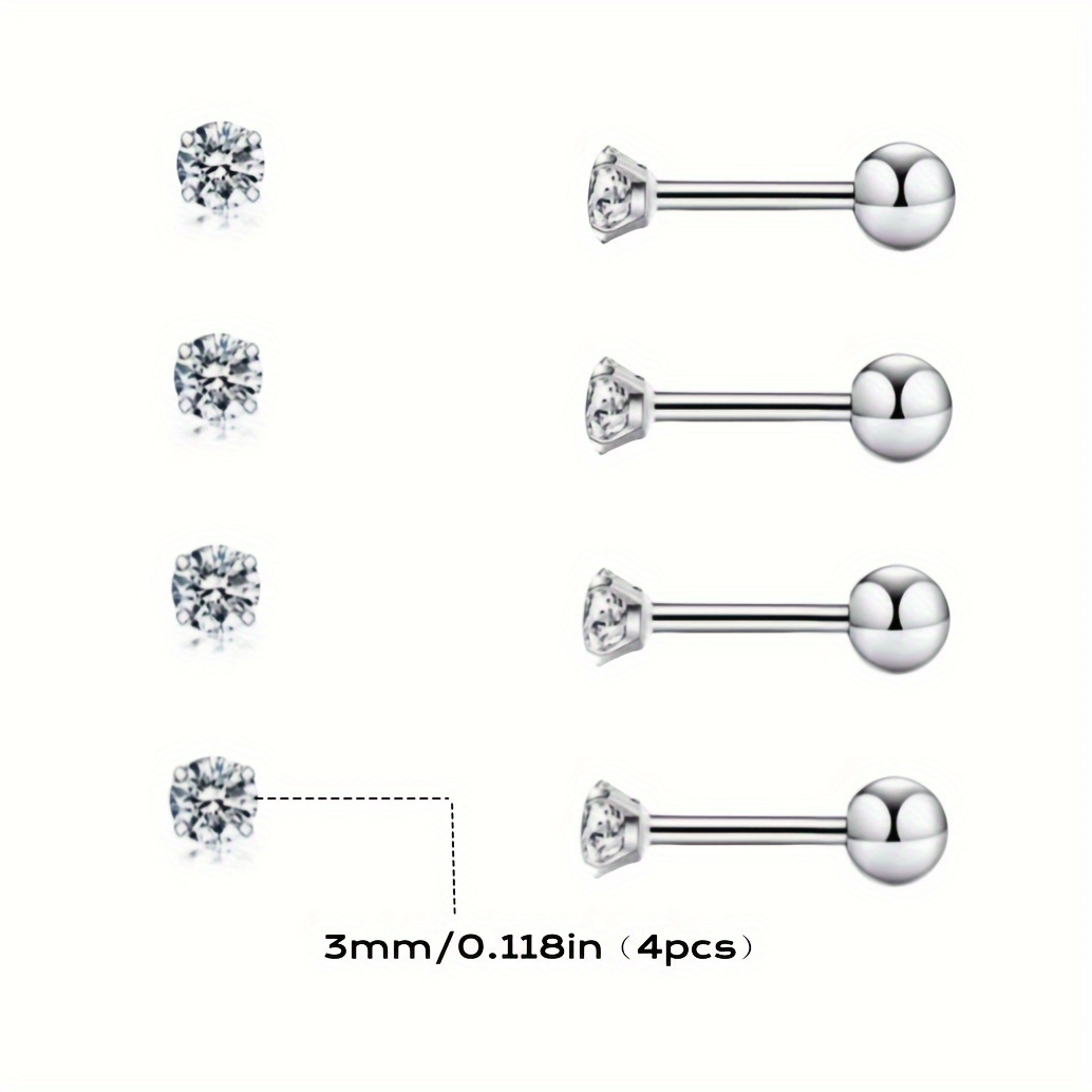 Image of 4pcs Classic Four-prong Round Stud Earrings, Hypoallergenic Titanium Stainless Steel Screw Back Ear Cuffs, Stylish And Versatile -in Piercing Jewelry For Men And Women