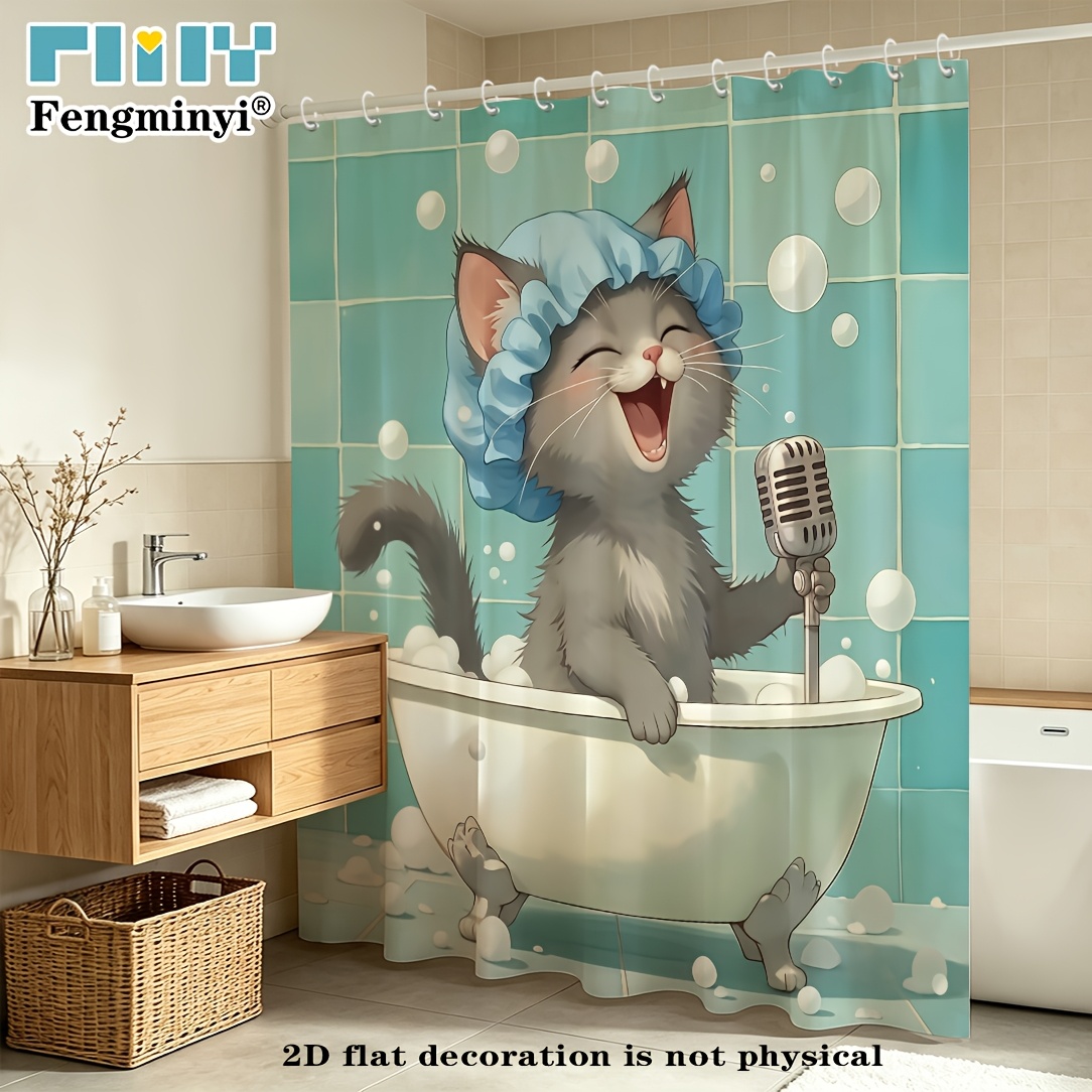 TEMU 2d Flat, 2d Flat, 2d Curtain 1pc, Cute Cat Singing Shower Curtain, Polyester Comfortable Fabric, , Special , A Atmosphere, Atmosphere