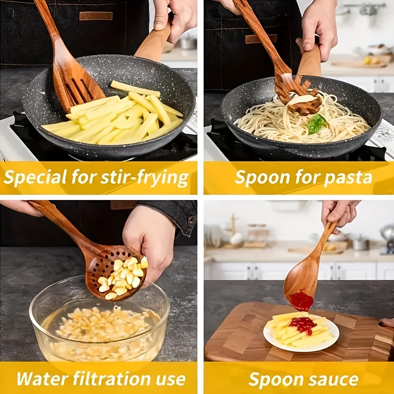 10/6/4pcs Natural Teak Cooking Utensil, Ergonomic Handles, Non-Porous Surface, Elegant Kitchen Gift - Durable and Easy to Clean, Natural Teak Grain, Suitable for Daily and Special Use, Kitchenware, Heat-Resistant Utensils.