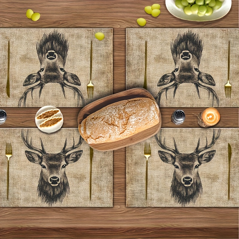 Image of 4pcs Vintage Deer Portrait Decorative Placemats - Polyester Table Mats, Hand Wash Only, Rustic And Dining Room Decor, Perfect For Dining Tables, Kitchen Parties And Home Decor Tablecloths