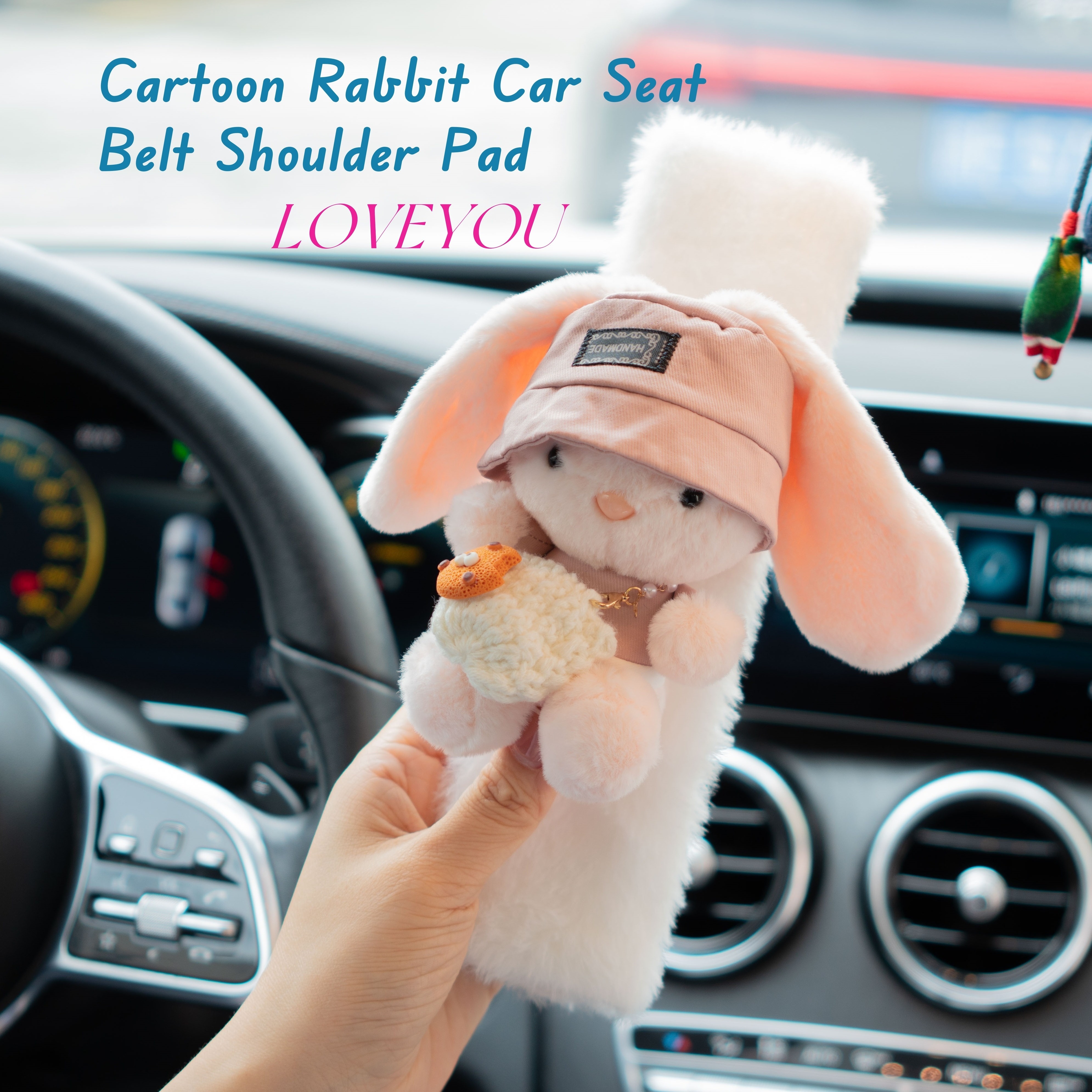 

Cute Plush Rabbit Car Seat Belt Shoulder Pad - Soft Polyester, Enhancer For Vehicle Interior, Bunny Car Accessories, Hat, Safety, Decorative Accessories