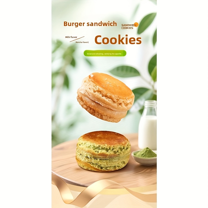 A 44G (72G*2 Boxes) Snack Featuring a Milk And Matcha Flavored Hamburger Sandwich Biscuit, Perfect for Breakfast, Afternoon Tea, Or As a Light Office Snack