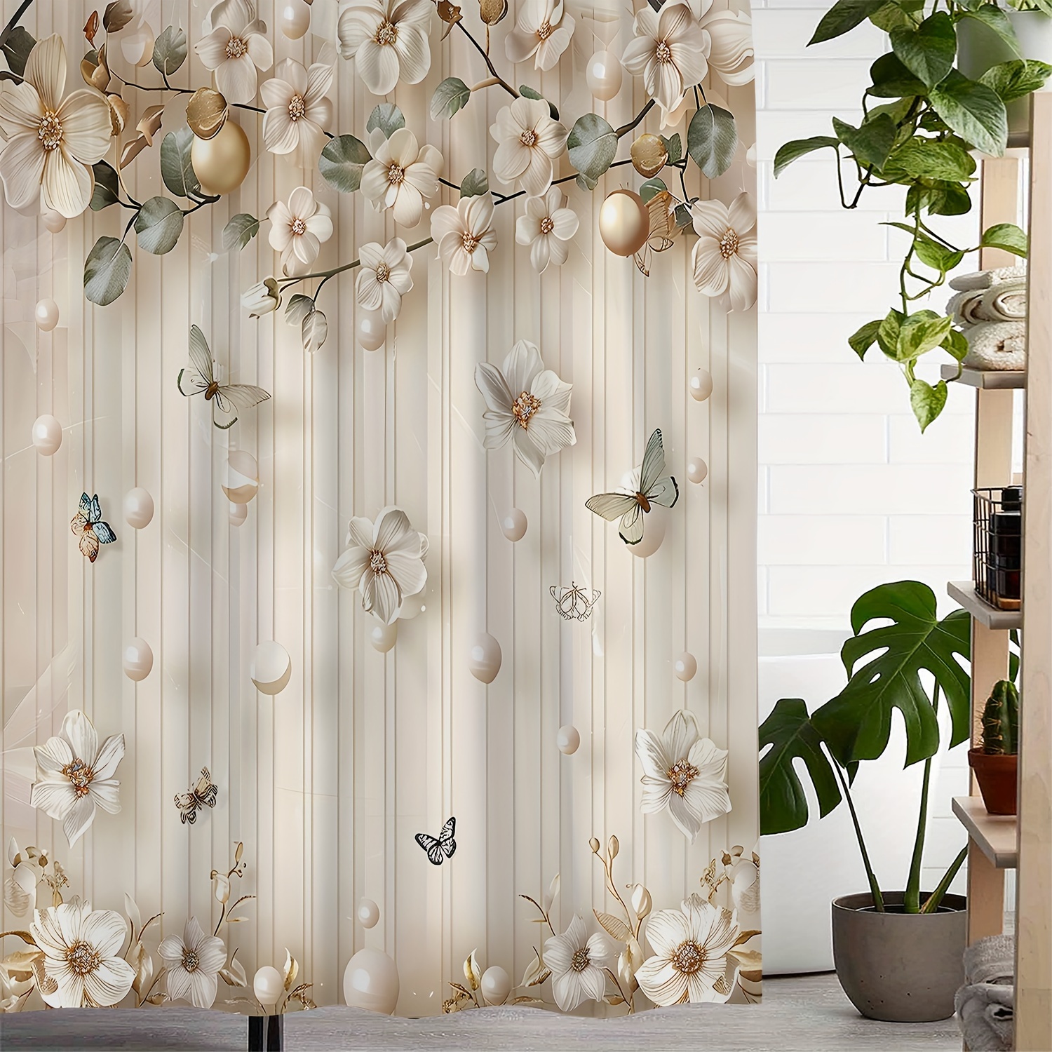 

Ultimate Waterproof Pearl Floral Butterfly Print Shower Curtain With 12 Hooks - Artistic Design, Machine Washable, 72"x72" (183cmx183cm)