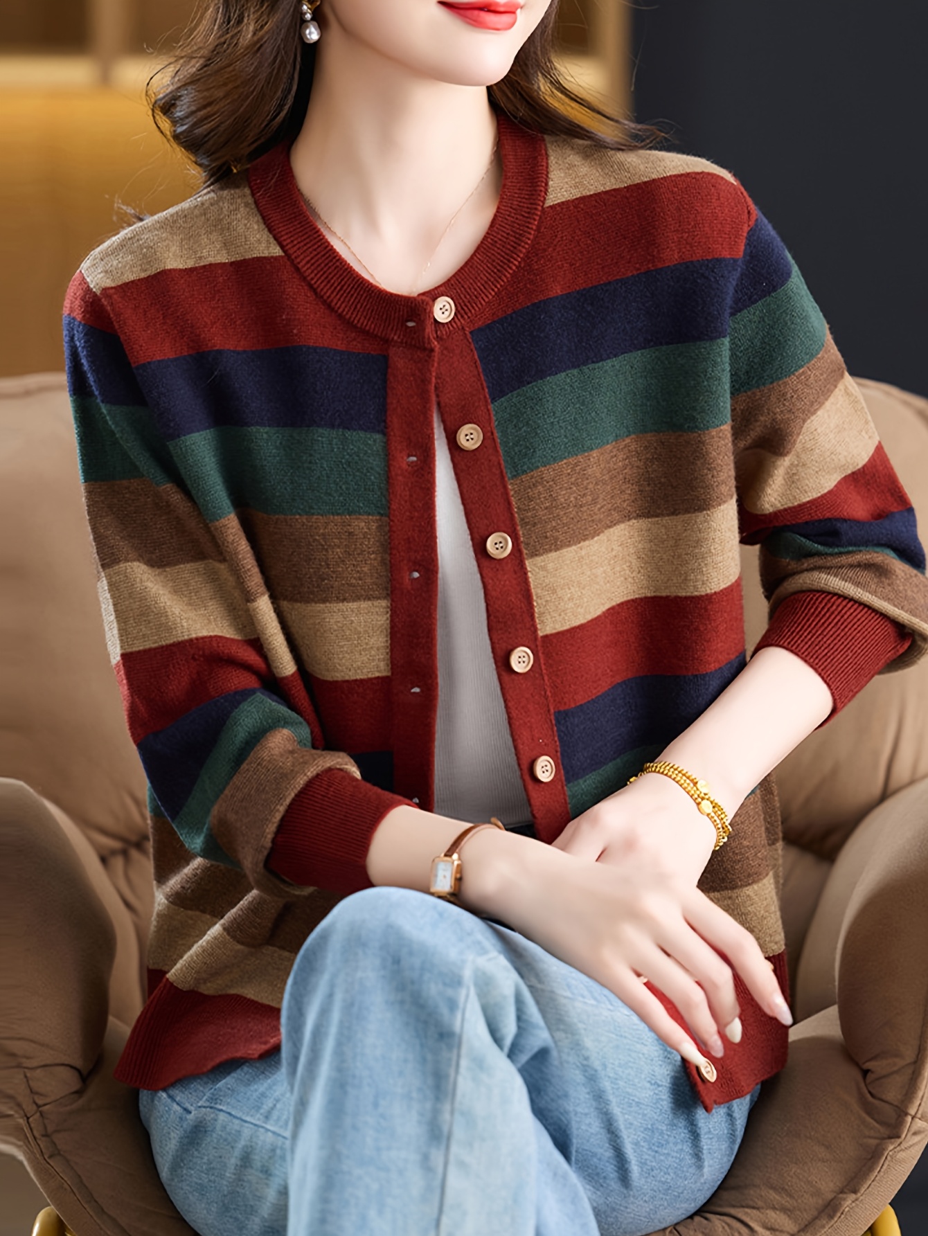 Color-Block Striped Cardigan Women'S 2026 Autumn Winter New Style Lazy Korean Style Loose Sweater Jacket