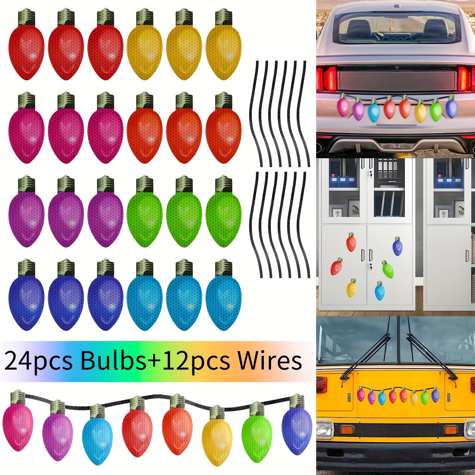 

24pcs Reflective Magnetic Bulb Stickers With 12 Wires - Easy Holiday Decor For Cars, Fridges, School Buses, Metal Doors & More - Pvc Light Bulbs For Garage, & Mailboxes