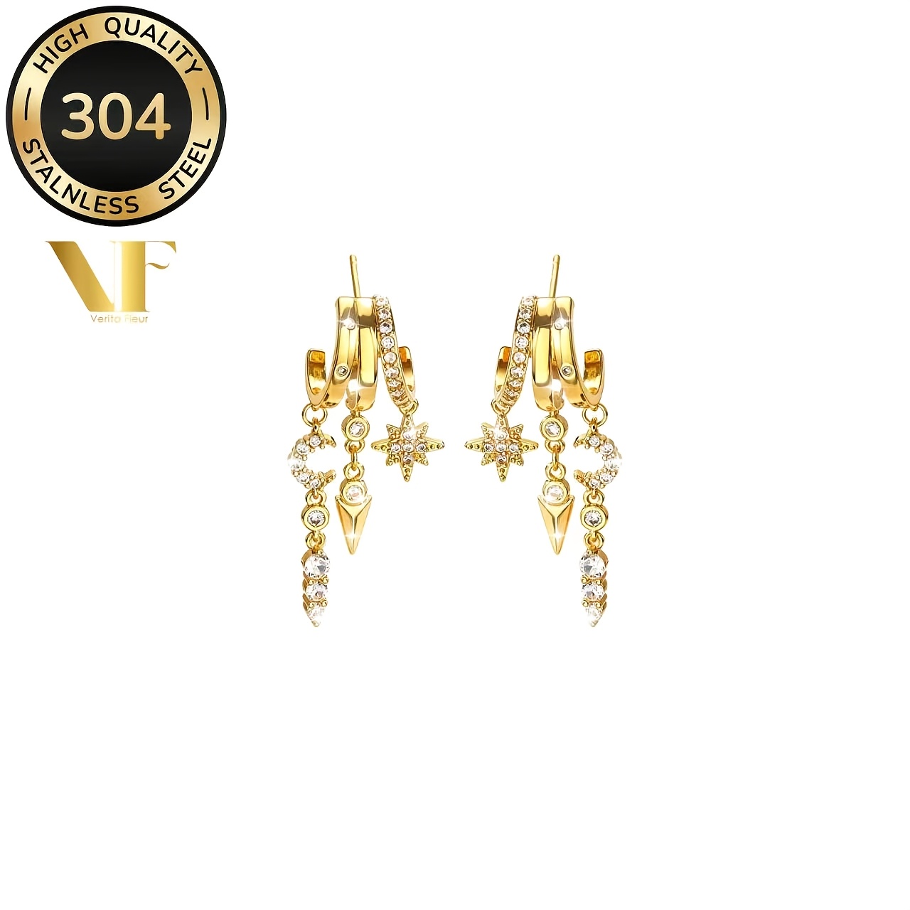 Women's Moon Star Tassel Pendant Stud Earrings, Bohemian Style