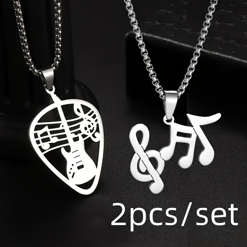 

2pcs/set Stainless Steel Guitar Picks Bass Note Pendant Necklace Lovers Punk Jewelry Unisex