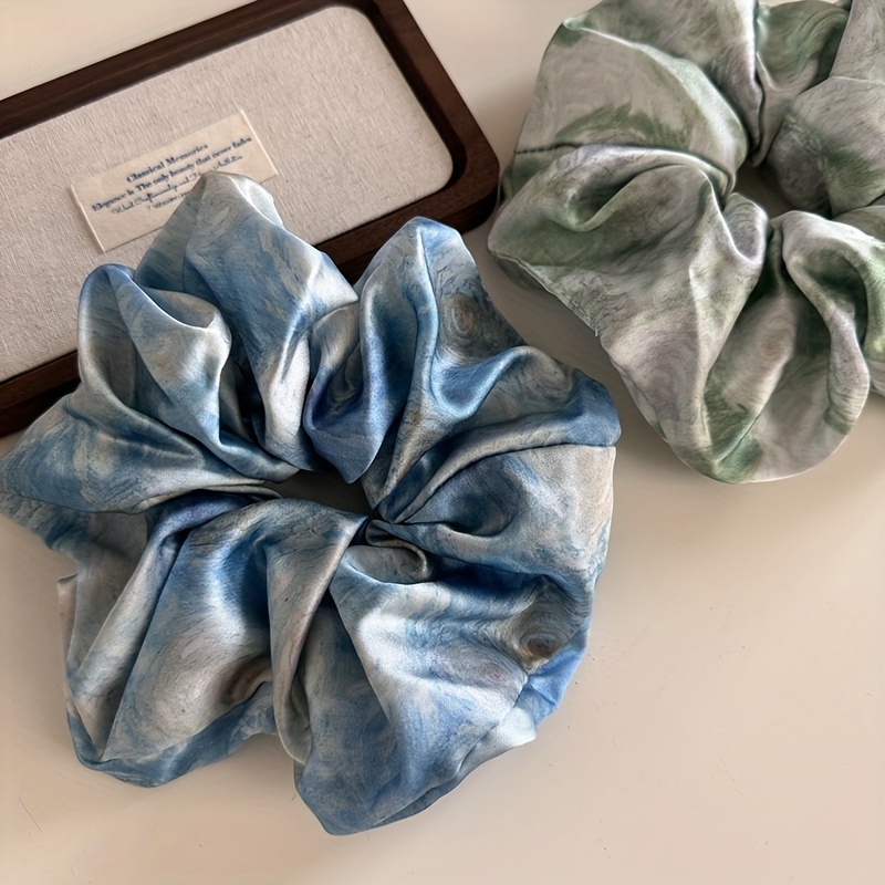 TEMU Set Of 2 Elegant Oil Painting Gradient Satin Scrunchies For Women, Featuring A French Style, Perfect For A Sophisticated Ponytail Hairstyle