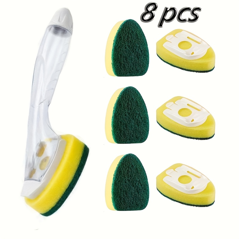 TEMU 8pcs Sponge Set With Handle, Replaceable Heads For Scrubbing, Multi-functional Cleaning Tool For Home And Restaurant Use, A Must-have Household