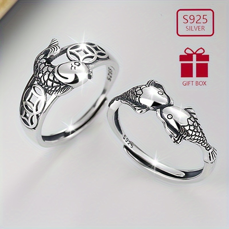 

1pc S925 Sterling Silvercouple Ring, Ethnic Hip-hop Style, Koi With Vintage Coin Unisex Hollow Ring, Daily Parties Wearing, Style A 2.8g/0.1oz & 2.2g/0.08oz