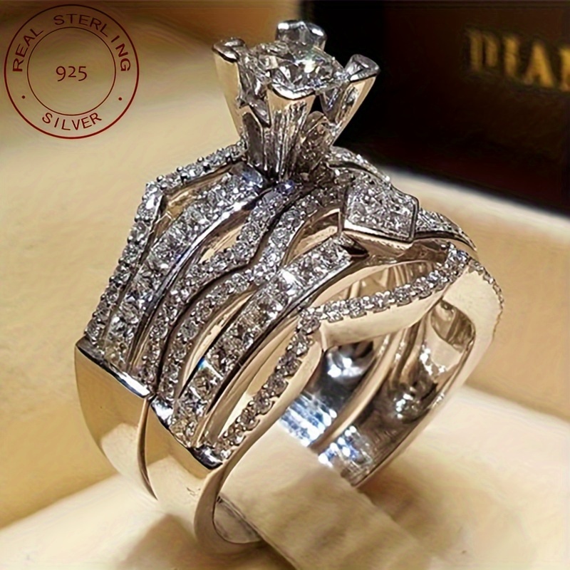 

Luxurious 2pcs Women's Wedding Rings 925 Sterling Silver Oxidized Zirconia Fashion Jewelry