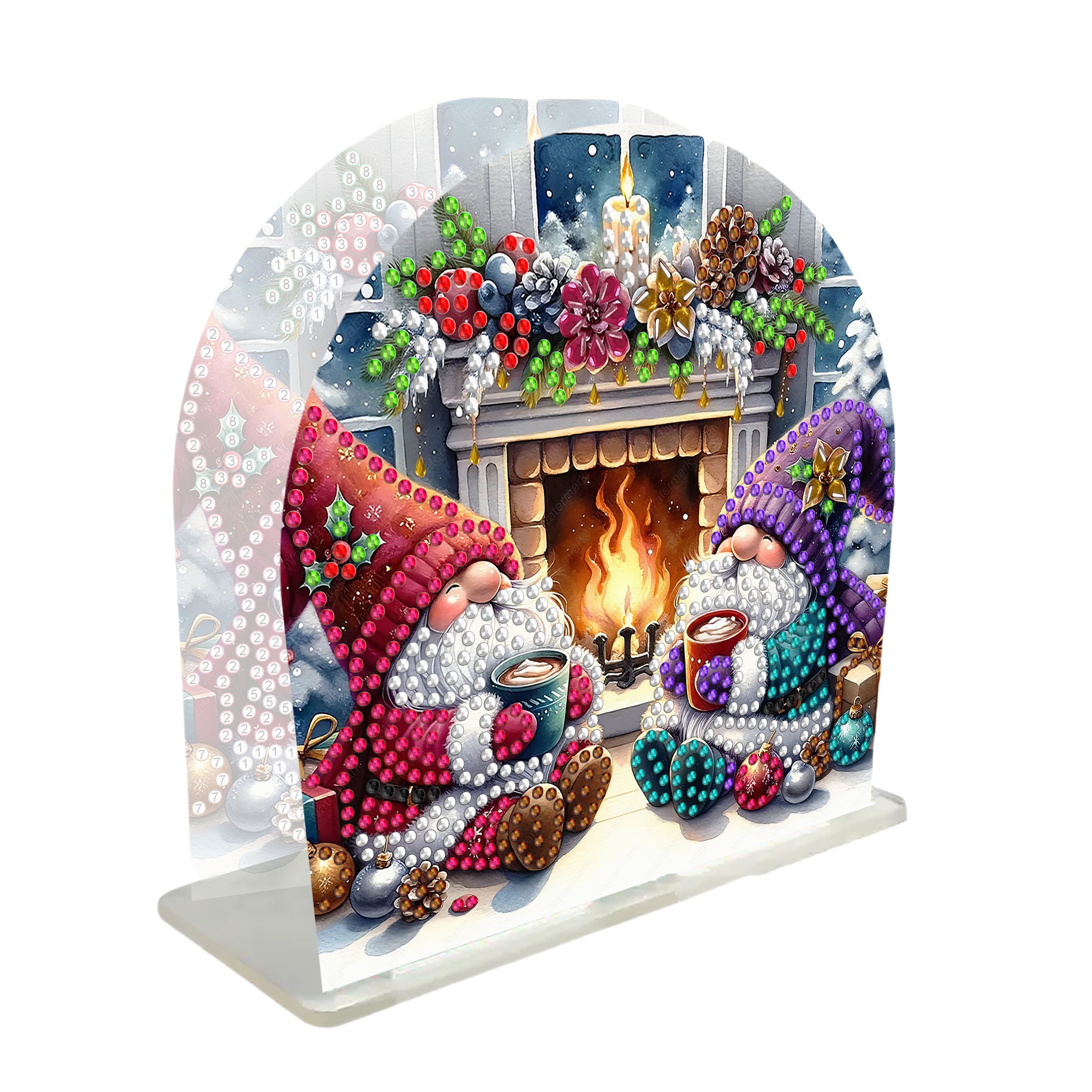 Image of 1pc Christmas Gnome Diamond Painting Napkin Holder Set - 5d Diy Acrylic Craft With Unique Irregular , Festive Fireplace Scene, Handmade Table Decor, Colorful Holiday-themed Box
