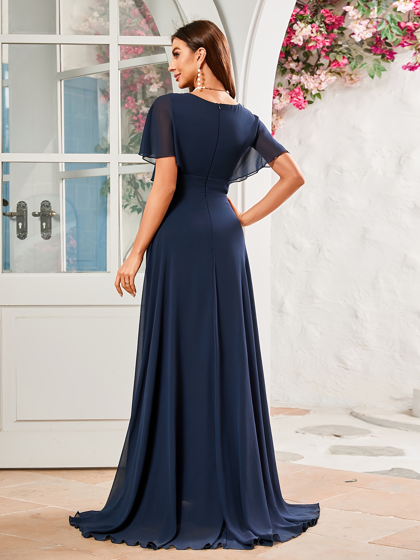 elegant v neck batwing sleeve ruched waist long chiffon - Temu Canada