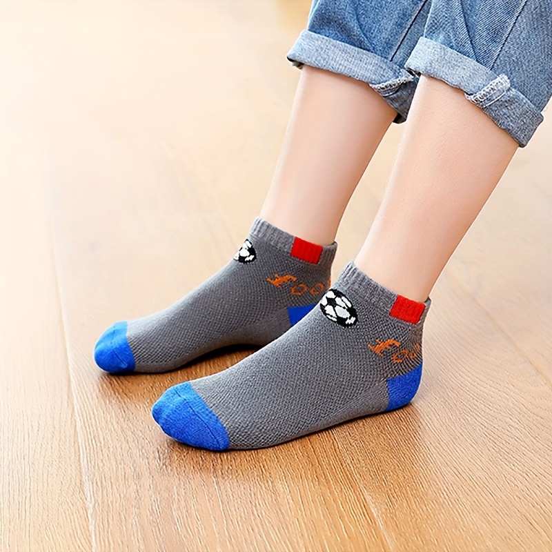 5 Pairs Boys' Soccer Socks - Soft Breathable Ankle Socks with Elastic Ribbed Cuffs, All-Season Comfort for Outdoor Play & Casual Wear, Hand Wash Only, Vibrant Colors (Yellow, Blue, Red, Black, White), Soccer Socks, Kids Sports Footwear, Playful Kids Design, Comfortable Fit