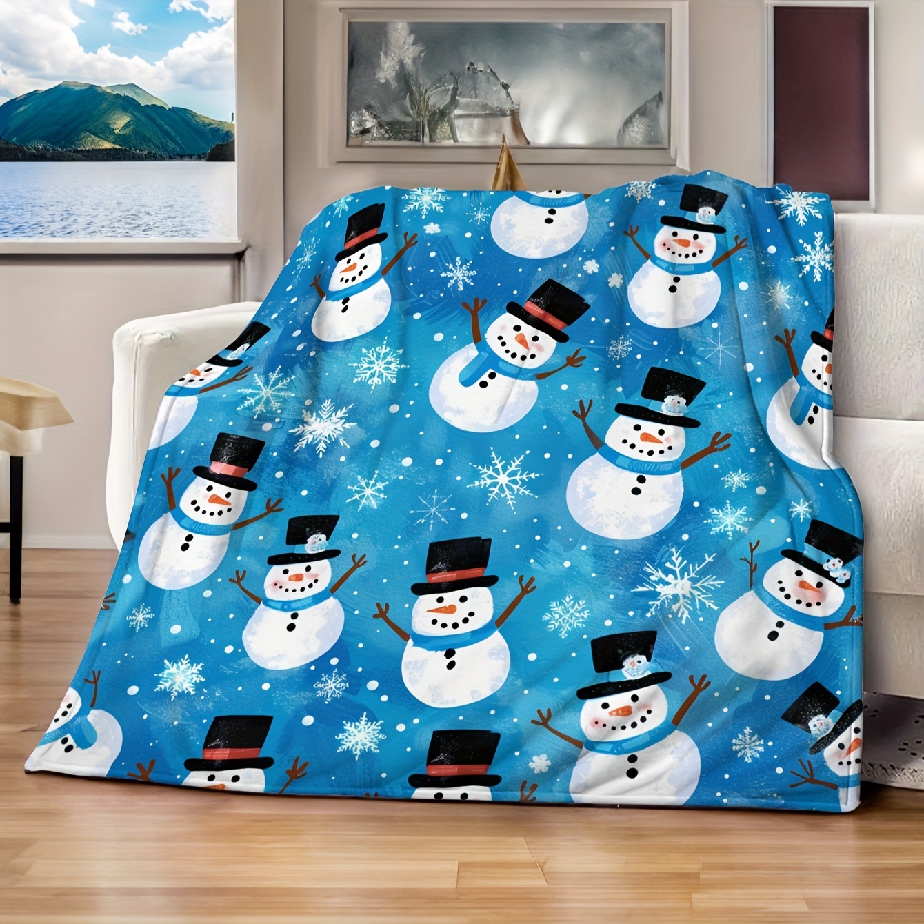 

Festive Christmas Blue Snowman Flannel Throw Blanket: Soft & Warm Plush For Couch, Office, Winter Decor, Christmas Home Décor - Cozy Winter Indoor/outdoor Party Supply