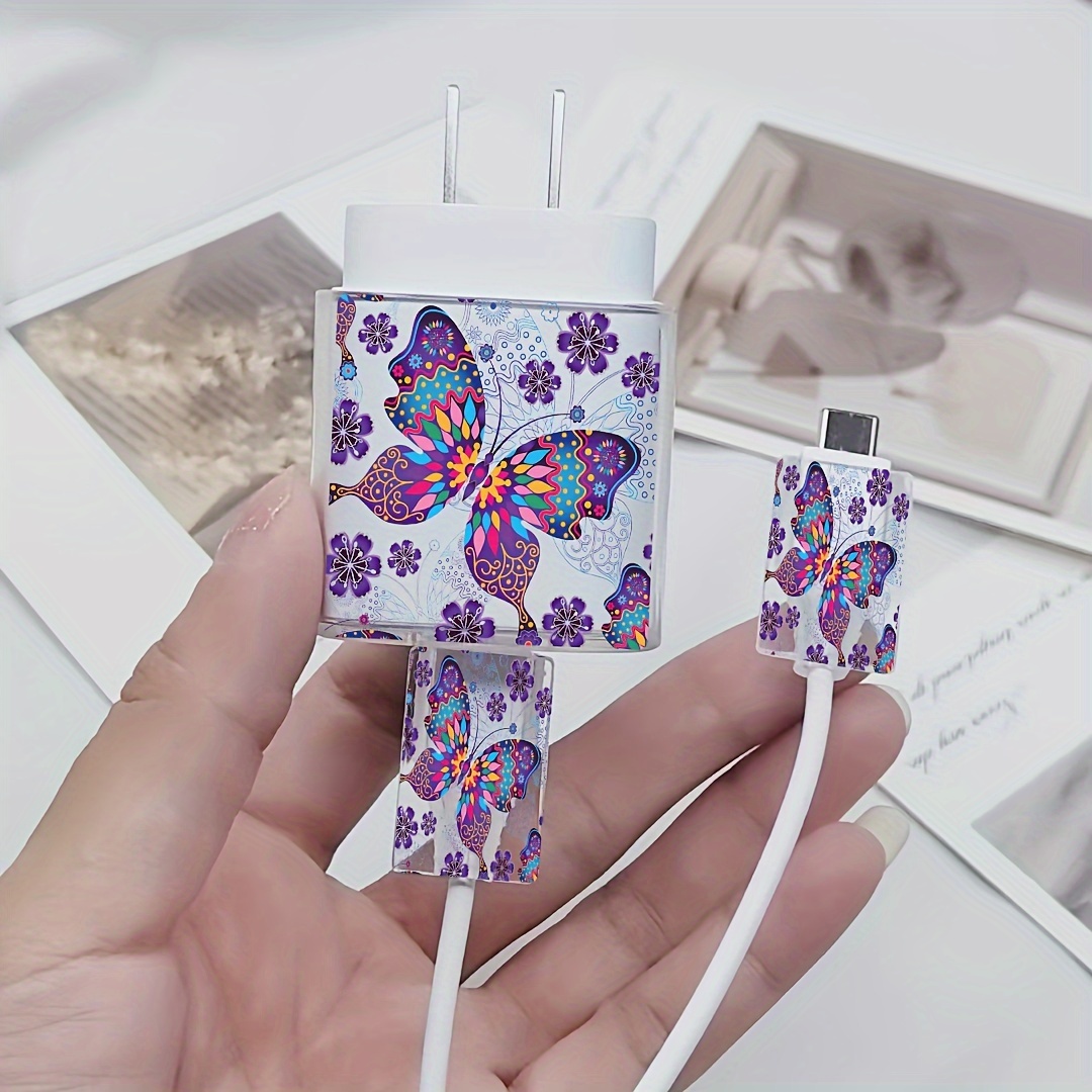 

3-piece Cartoon Purple Butterfly Pattern, For Samsung 25w Transparent Charger Protector Set For Samsung Galaxy Phone - Cable And Charger Tip Protector Cover