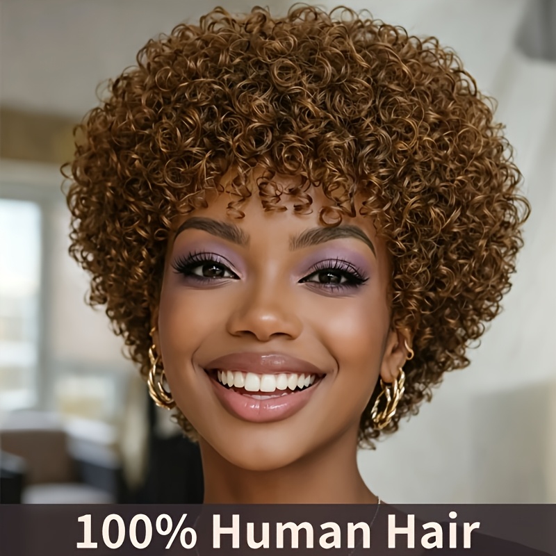 TEMU Women' Brazilian Human Hair Wig Suitable For - Brown Afro With Bangs, Color 4#, Short Layered Non-lace , For Daily Wear & Parties, Afro Curly