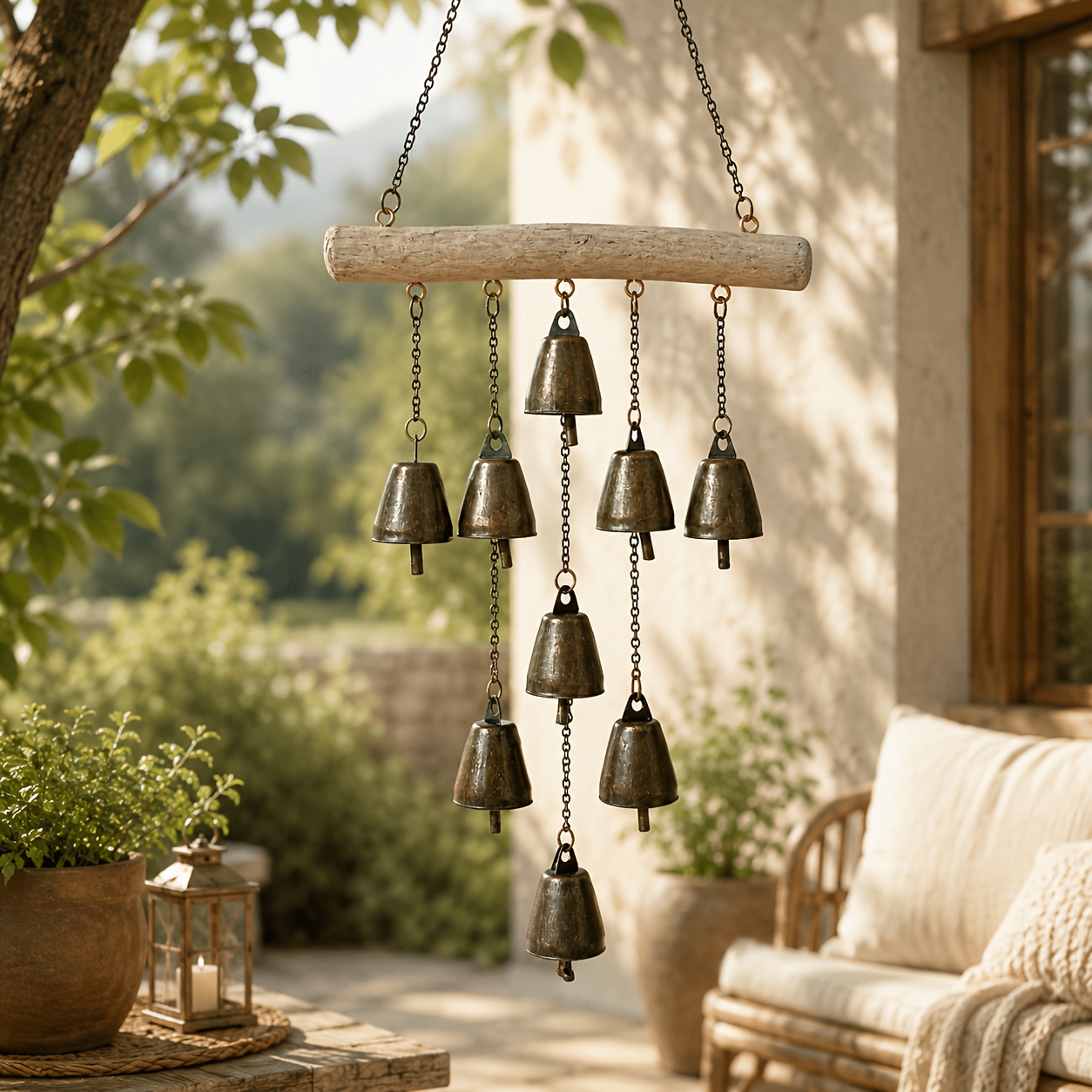 TEMU Vintage Metal Wind Chime With Natural Solid Wood And Distressed Bell. Hanging Chain Is Sturdy And Durable. The Soothing And Pleasant Sound Makes