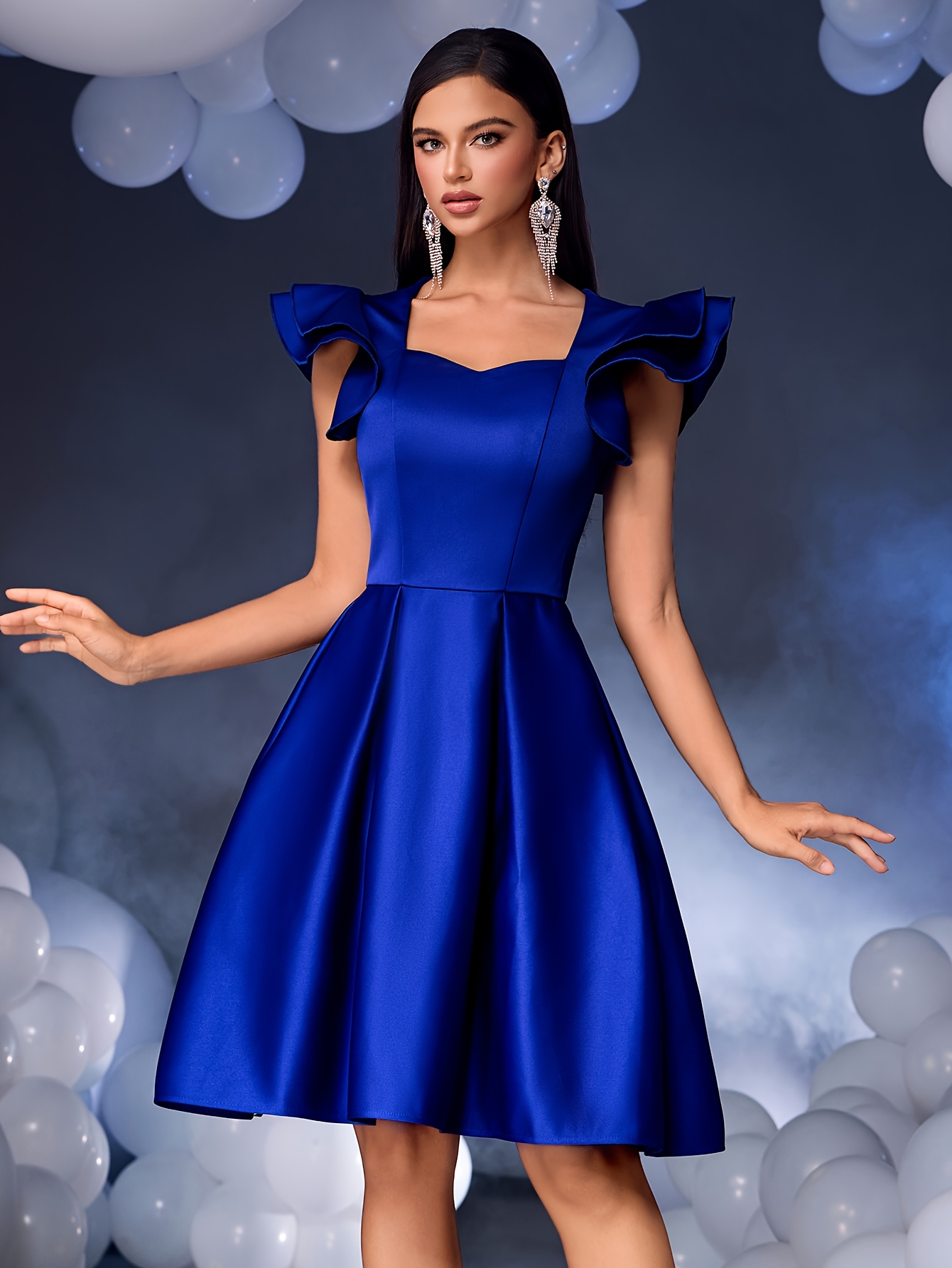blue printed dress Romance Ruffle Dress, in Steel Blue Luxe Satin, Size: Medium | Show Me Your Mumu main image 1