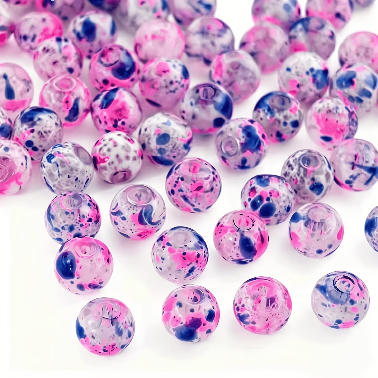 TEMU 69pcs 8mm Ice-transparent Pink-blue Ink Splatter Glass Beads, Imitation Marble Pattern High- Loose Beads, Handmade Diy Beading Materials For