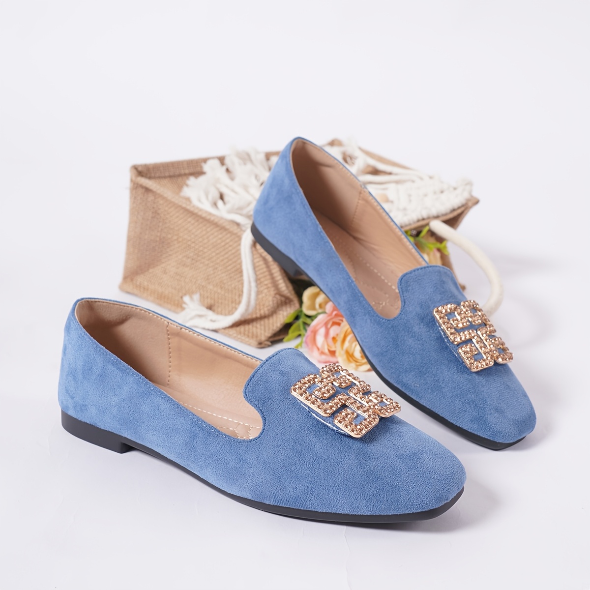 TEMU Square-toe Flat Rhinestone Granny Shoes, Fashionable And Versatile Flat Shoes With Square Buckles For Spring And Autumn, Women Shoes