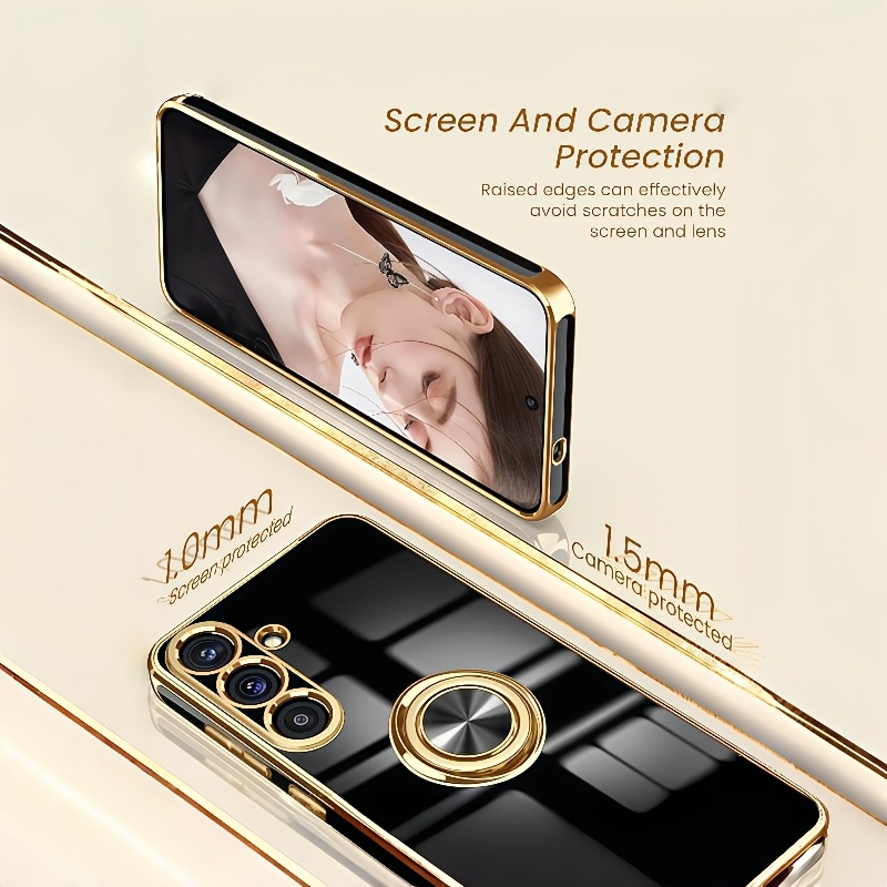 Husă de telefon: Husă cu suport cu margine placată cu aur și suport rotativ 360° popular, o alegere populară. Potrivită pentru for  S26, S26 Plus, S26 Ultra, S25, S25 Ultra, S25 Plus, S25 FE, S24, S24 Ultra, S24 FE, A16, A17, A26, A36, A56, A37, A57. Acest suport poate fi folosit ca suport de mașină