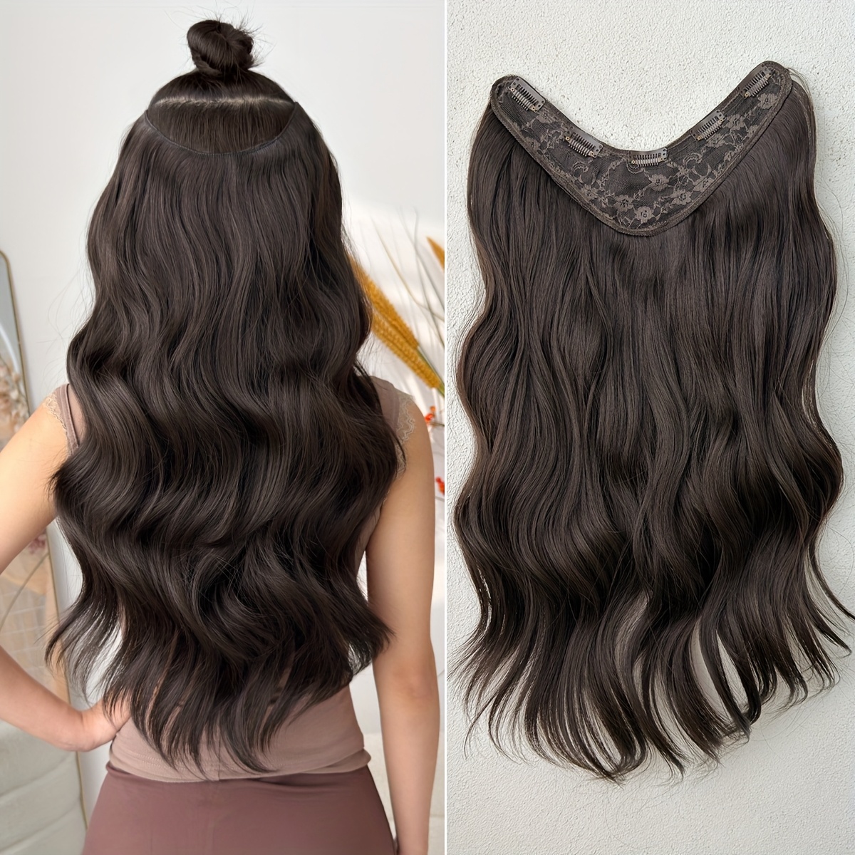 Image of Clip In Hair Extensions V-shaped Brown 22 Inch Long Water Wave Wavy Heat Resistant Fiber Synthetic Hairpiece For Women Use