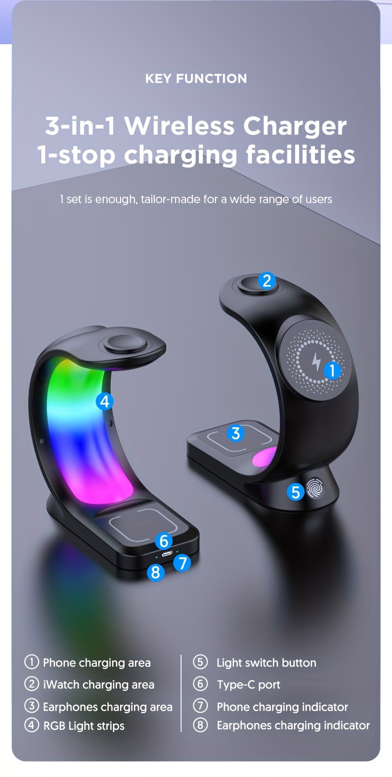 wireless charging station a three in one wireless charging dock for watches earphones and mobile phones suitable for 7 se 6 5 4 3 2 iphone 15 14 13 12 pro max with adjustable night light bedside lamp and colorful lights details 0