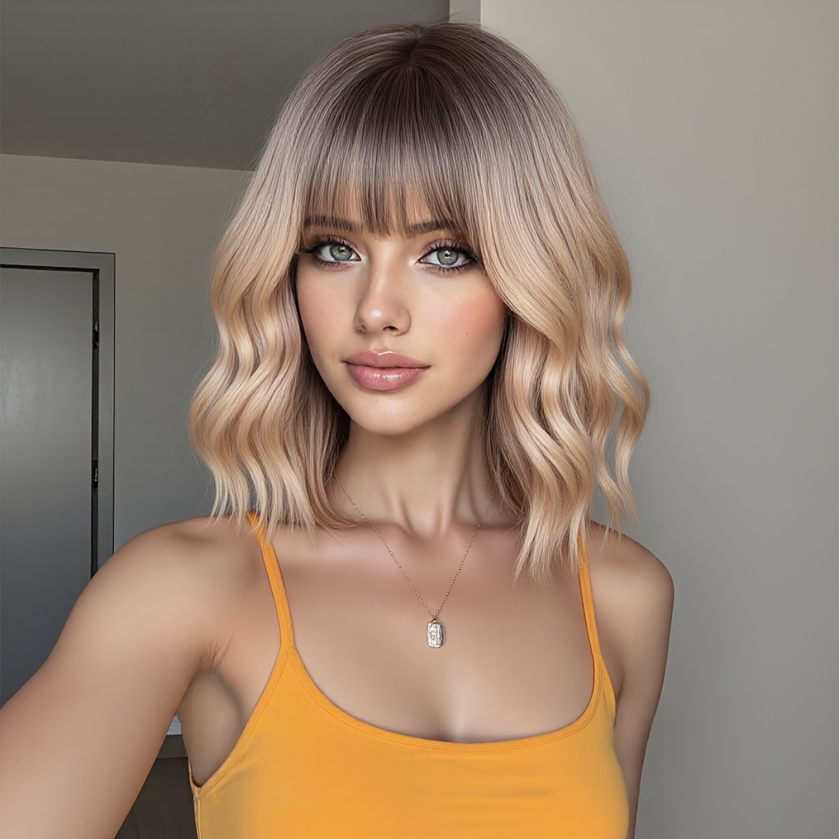 Golden Curly Shoulder-length Bob With Bangs Wig 14 Inches Suitable For Parties Or Holidays