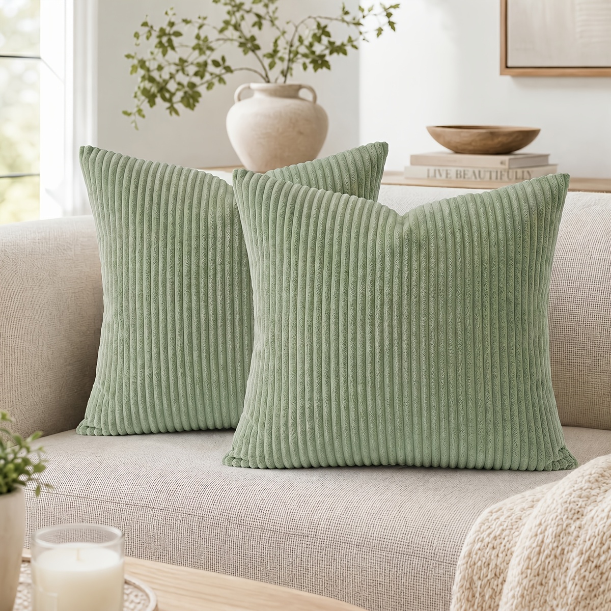 TEMU 2pcs, Fall Farmhouse Corduroy Striped Decorative Throw Pillow Covers, 12x20/16x16/18x18/20x20in, Soft Boho Vintage Pillowcases For Living Room,