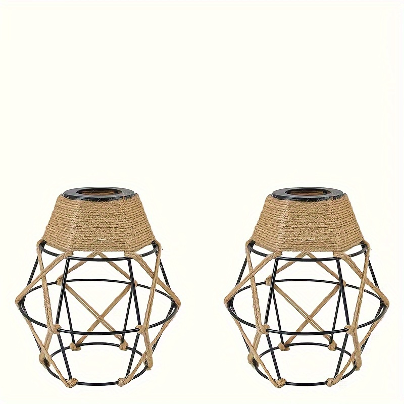 

2pcs Vintage Boho Lamp Shades - Rustic Industrial Woven Pendant & Wall Sconce Covers With Metal Bulb Guard Cage - Hemp Rope Mini Wire Farmhouse Lighting Accessories