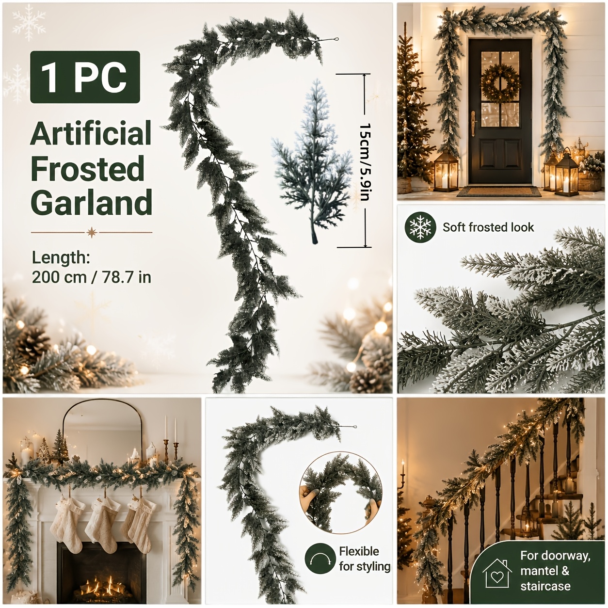 TEMU 1pc Of 200cm/78.74in Artificial Snow-falling Leaf Christmas Vine, With Flocked And Snow- Pine Branch Tendrils. Features A Built-in Hanging Hook