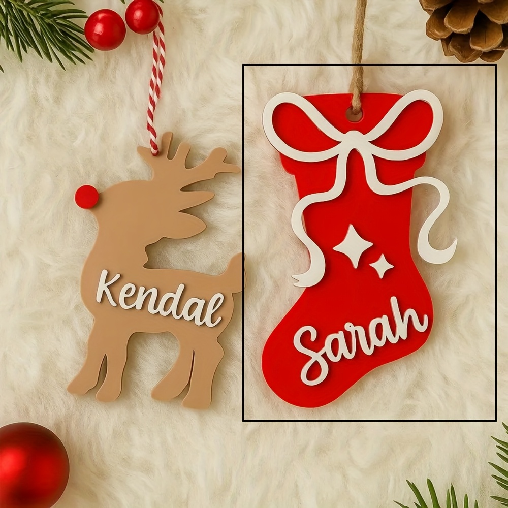 TEMU 2d Flat, Elk Acrylic Custom Name Hanging Tags, Christmas Custom Name Stocking Tags, Stocking-shaped Custom Name Decorative Tags, Christmas Tree