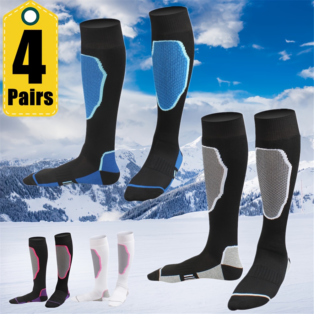 

4 Pairs Men's Knee-high Thickened Warm Hiking Climbing Skiing Ice Skating Outdoor Sports Socks, Knitted Fabric, Nylon & Polyester , Machine Washable, Geometric Pattern, Men's Outdoor Socks