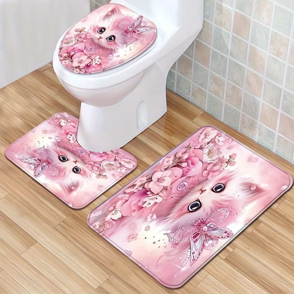 3pcs pink cat floor mat set toilet cover toilet carpet Temu