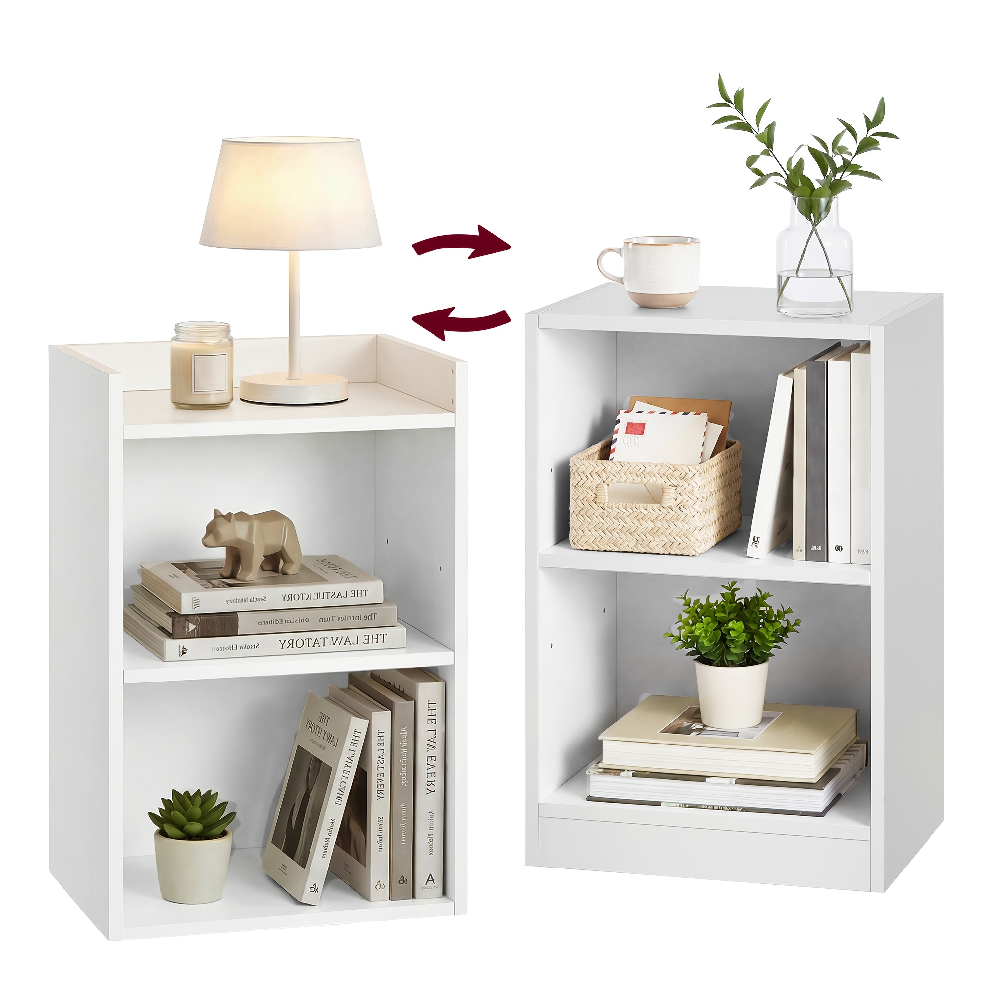 Image of Set Of 2 Modern Multipurpose Side Table With Adjustable Shelf & Open Compartments - Freestanding Suitable For Living Room Or Bedroom, Space-saving Compact With Wood, Assembly, White For Small Spaces