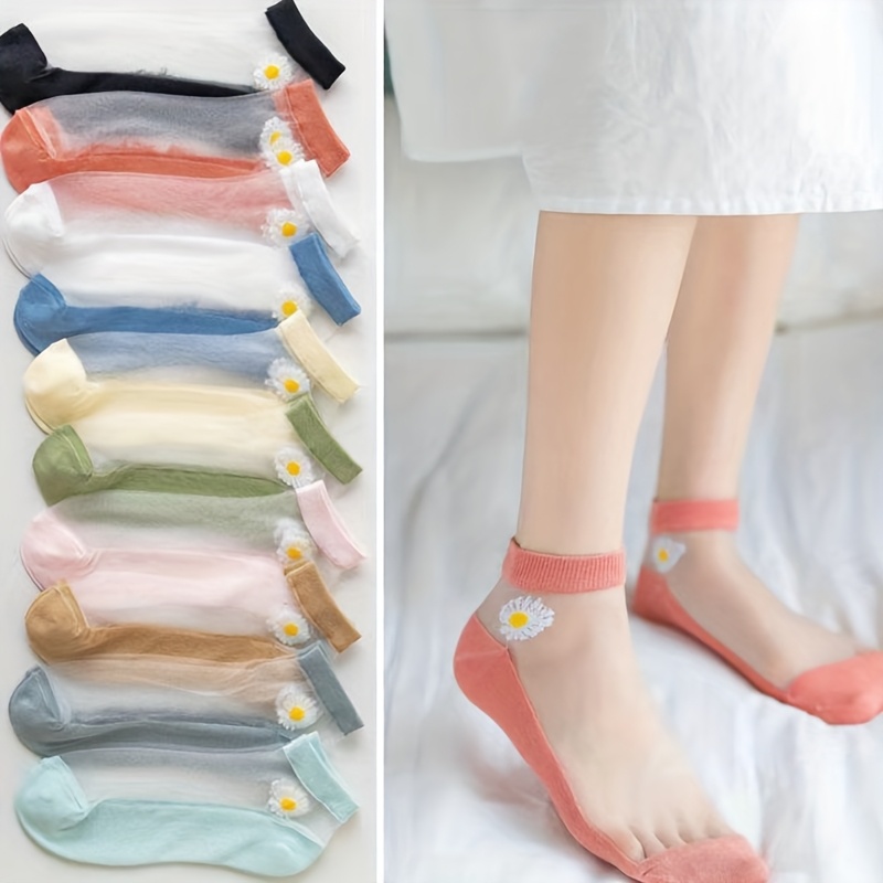 E-shop 10 Paar Gänseblümchen-Sommer-Damen-Kurzkristallsocken, Glas-Kurzsocken, Kassetten-Bootssocken, ultradünne durchsichtige Kurzstrümpfe