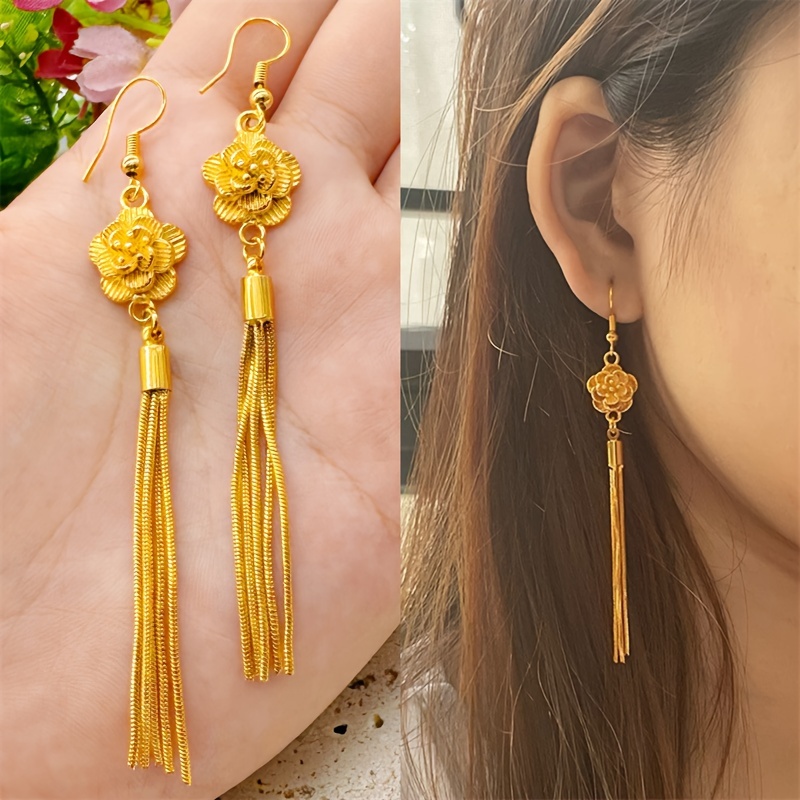 

24k Golden Plated Flower Drop Earrings With Tassel, Copper Dangle Earrings For Women, Non-mosaic Daily & Party Jewelry Accessory, All - 1 Pair