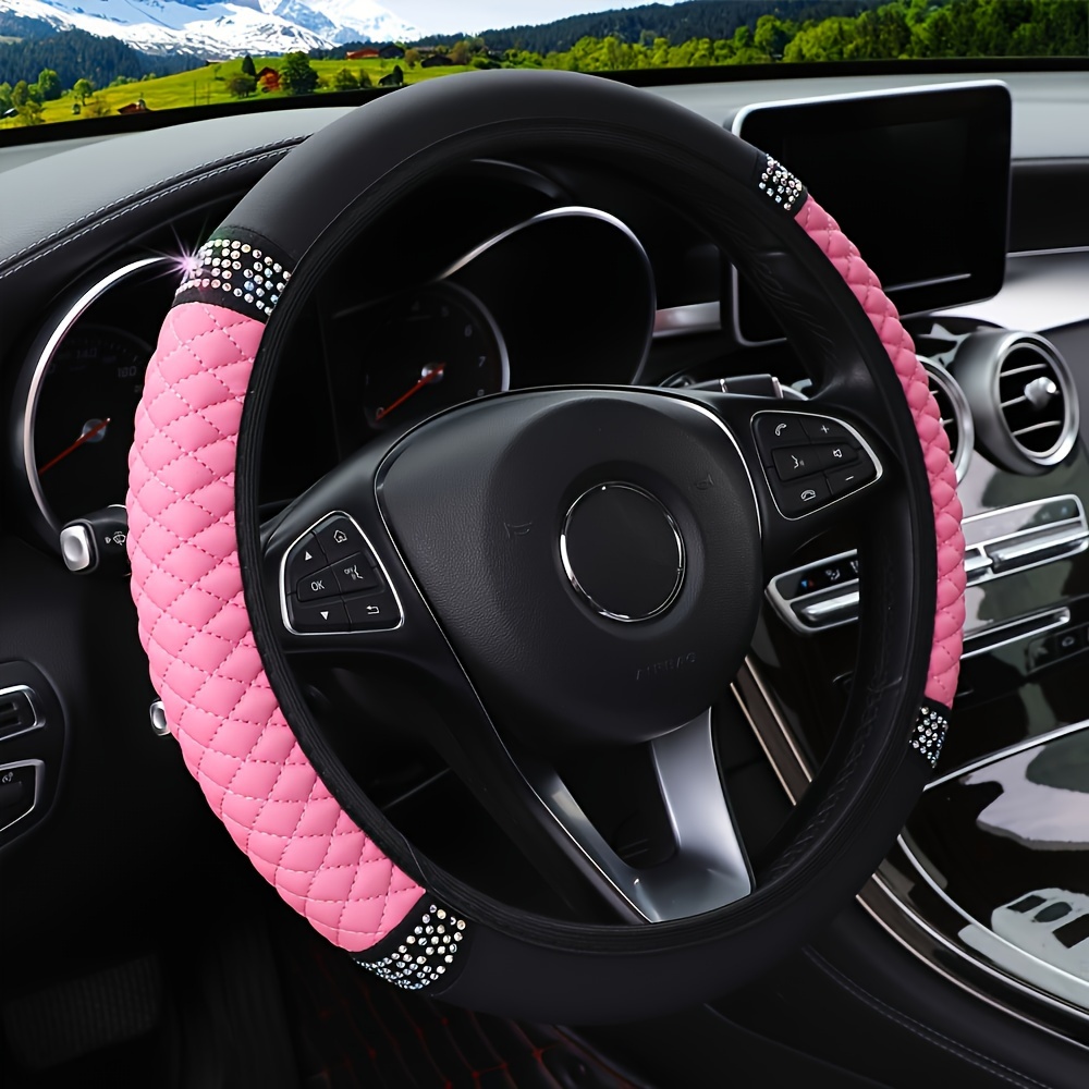 

Pu Leather Quilted Steering Wheel Cover With Crystal Accents - Fits Steering Wheels