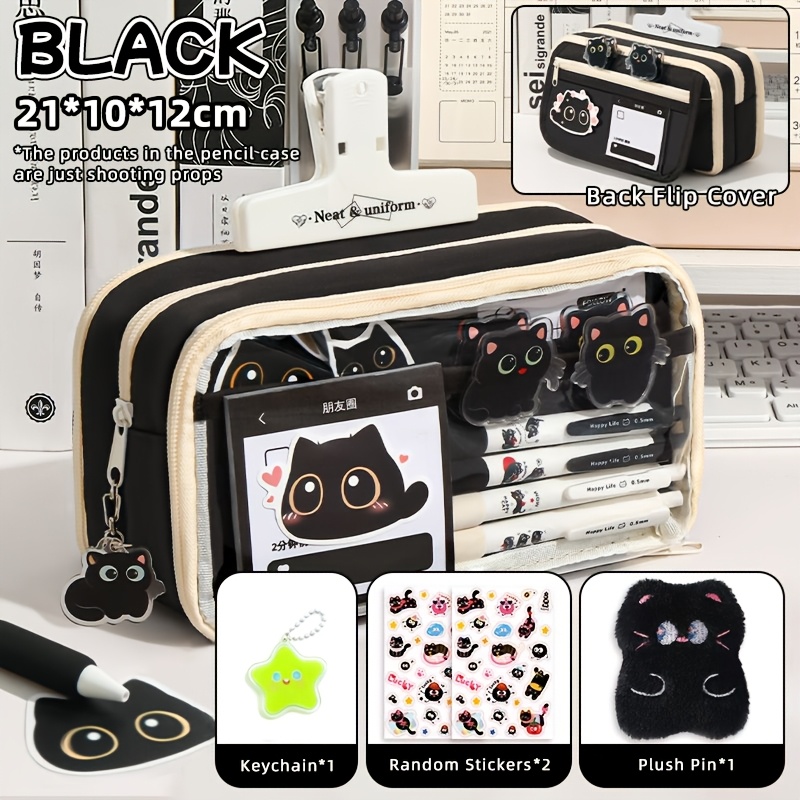 Image of 13-layer Large Capacity Pencil Case, Gift Cute Black Cat Brooch, Stickers, Pendant Items, Suitable For Office Workers, Students, And School Supplies - New Year Back-to-school Essential
