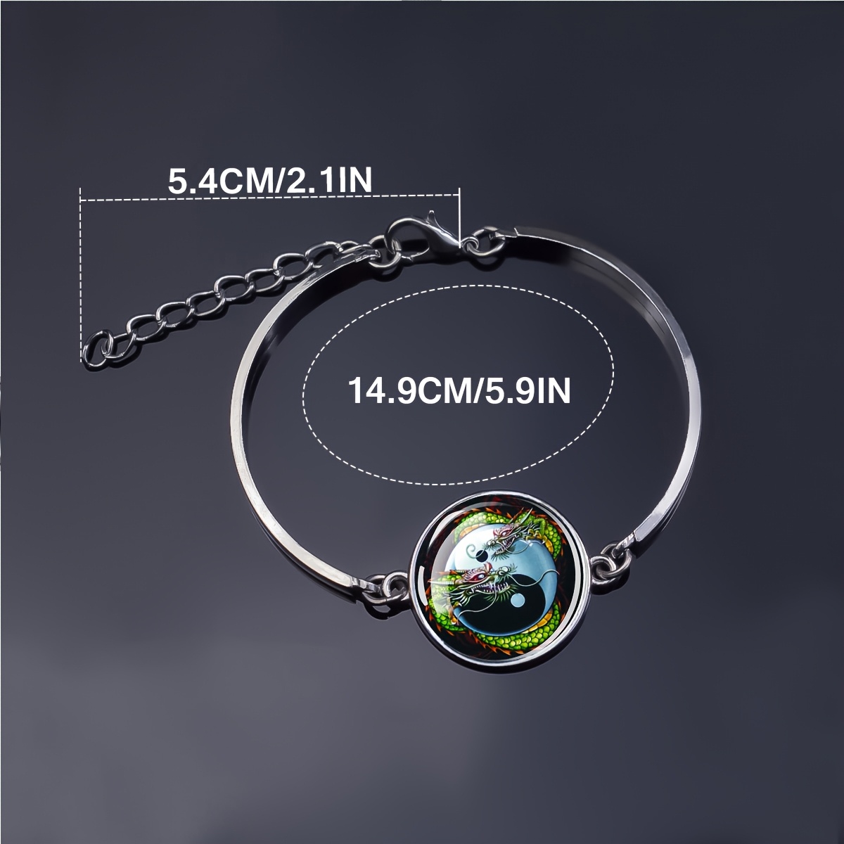 Yin Yang Dragon Glass Dome Charm Bracelet, Unisex